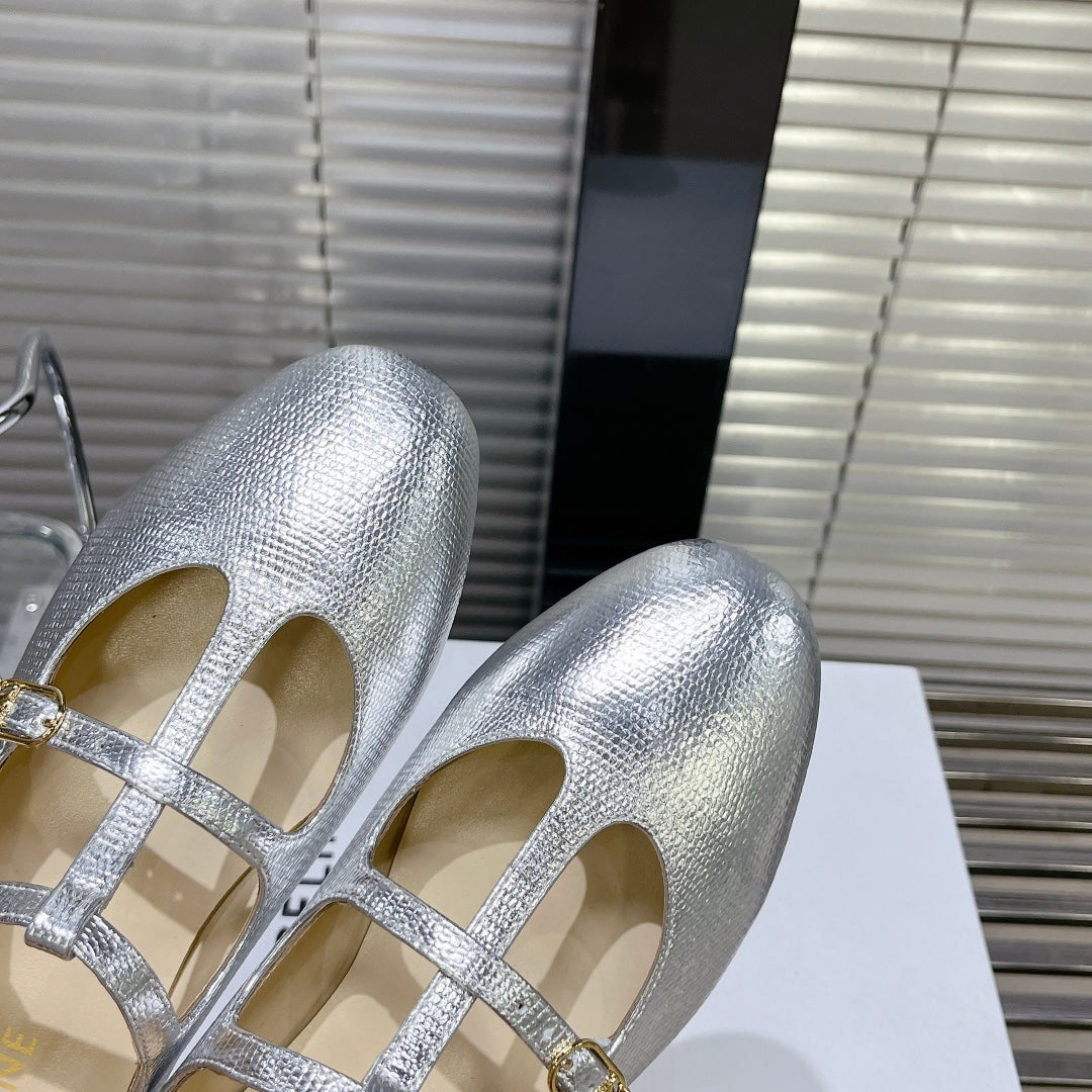 FLAT SANDALS WITH DOUBLE STRAP-DESIGN LEATHER SILVER - 35