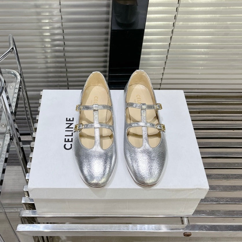 FLAT SANDALS WITH DOUBLE STRAP-DESIGN LEATHER SILVER - 35