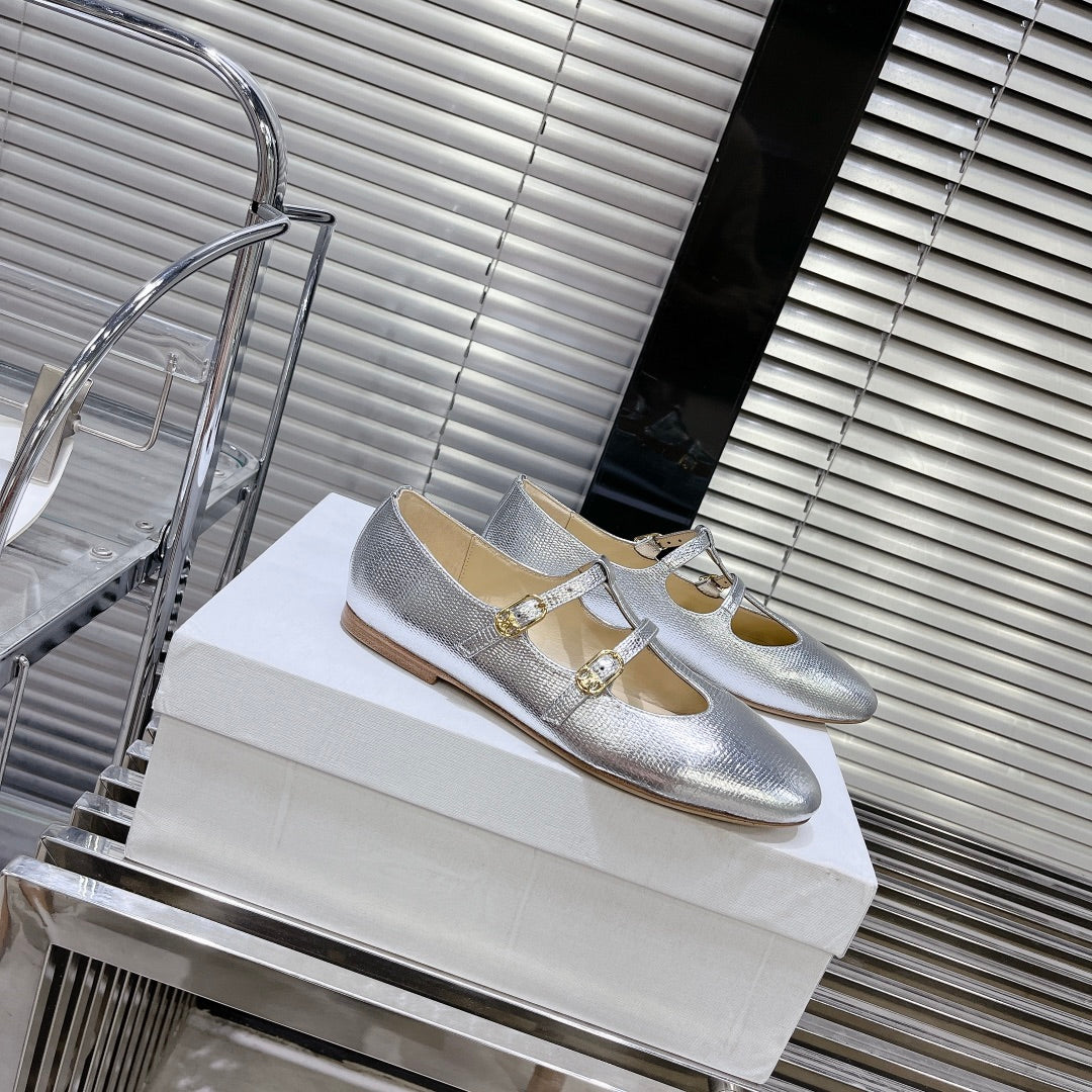 FLAT SANDALS WITH DOUBLE STRAP-DESIGN LEATHER SILVER - 35