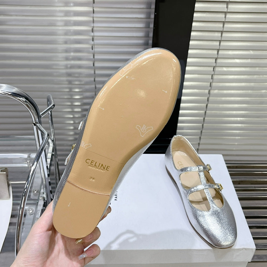 FLAT SANDALS WITH DOUBLE STRAP-DESIGN LEATHER SILVER - 35