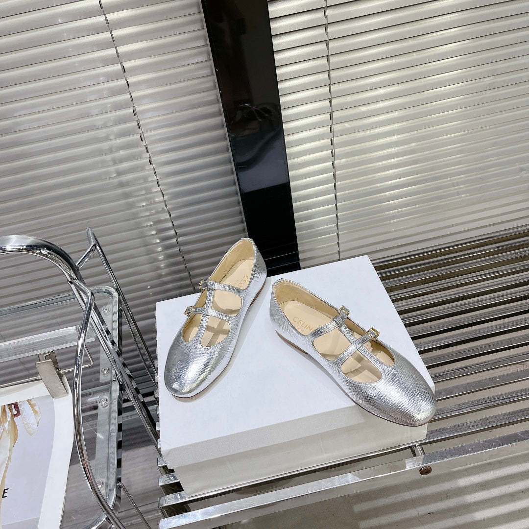 FLAT SANDALS WITH DOUBLE STRAP-DESIGN LEATHER SILVER - 35