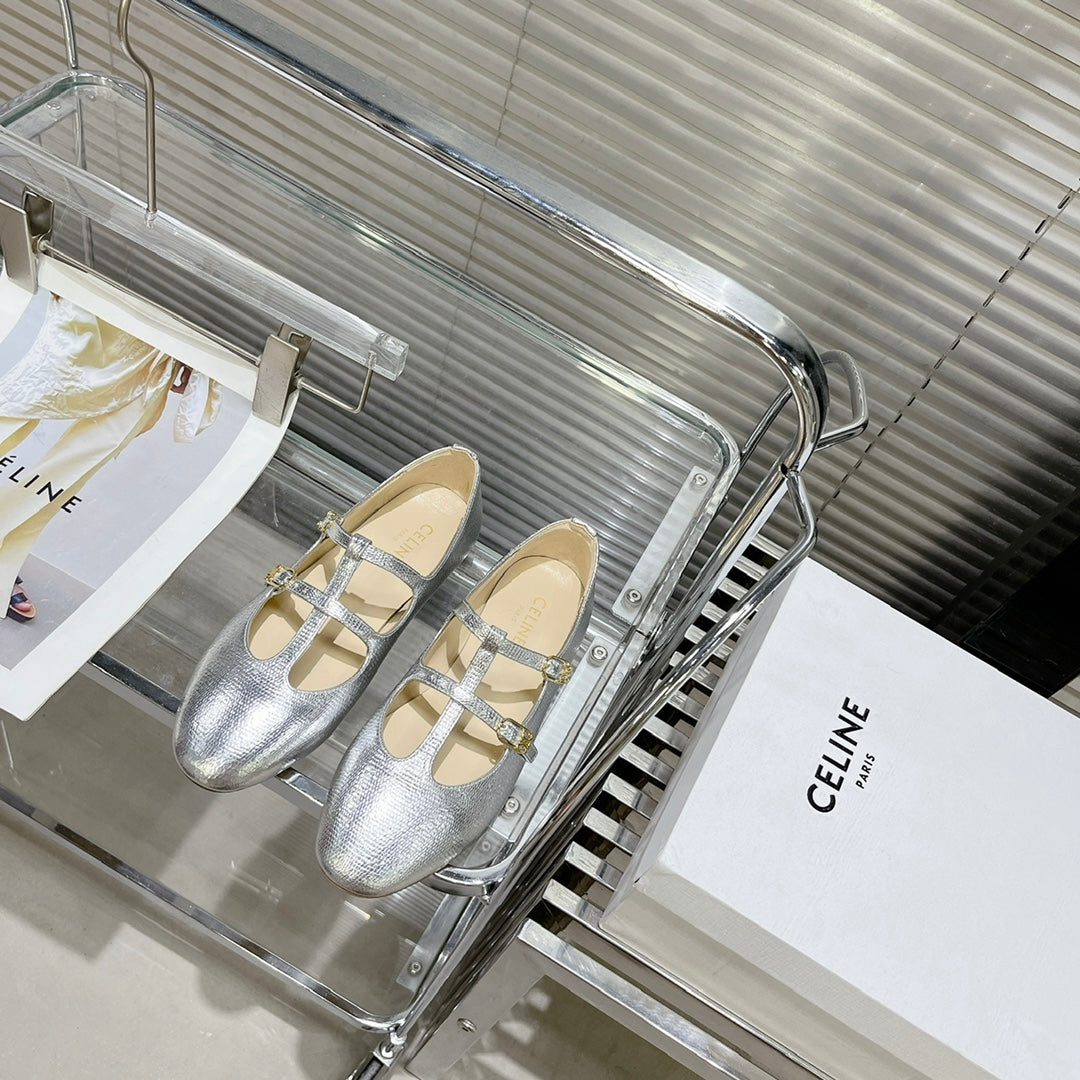 FLAT SANDALS WITH DOUBLE STRAP-DESIGN LEATHER SILVER - 35