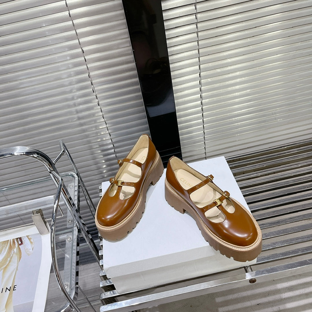 HIGH FLAT SANDALS WITH DOUBLE STRAP-DESIGN LEATHER CARAMEL BROWN - 35