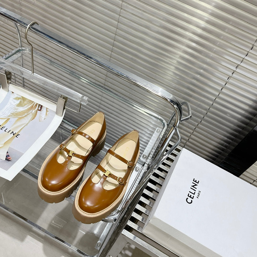 HIGH FLAT SANDALS WITH DOUBLE STRAP-DESIGN LEATHER CARAMEL BROWN - 35