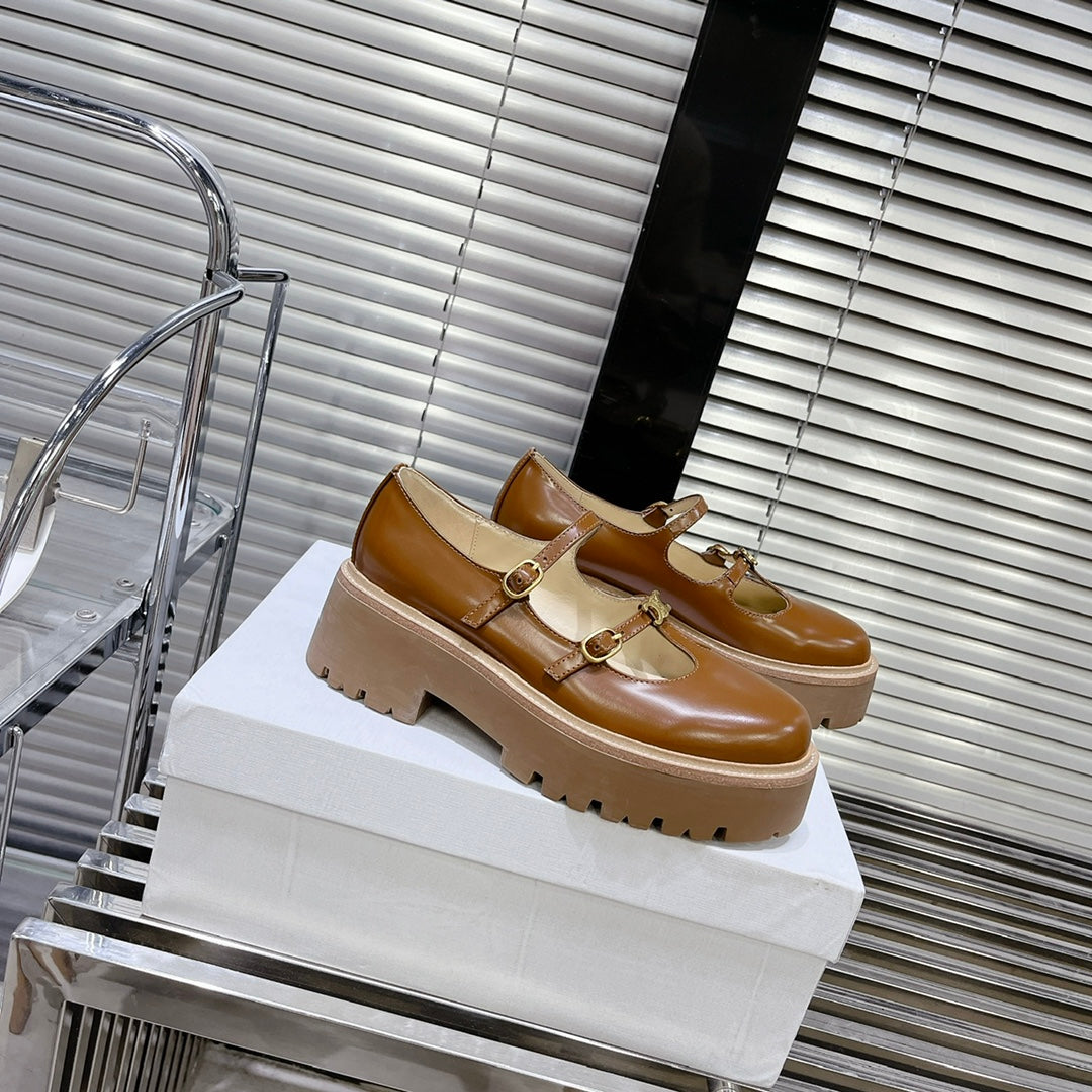 HIGH FLAT SANDALS WITH DOUBLE STRAP-DESIGN LEATHER CARAMEL BROWN - 35