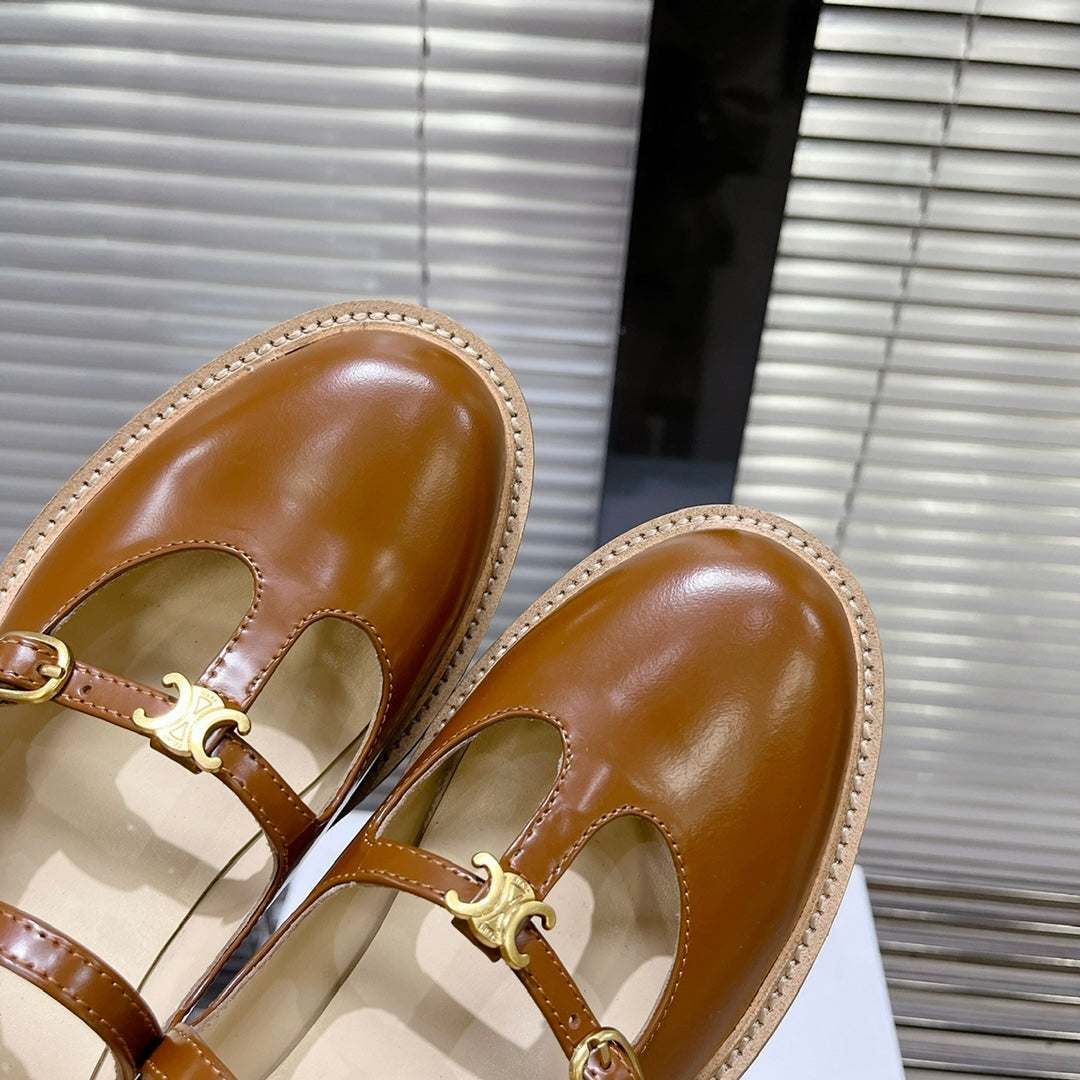HIGH FLAT SANDALS WITH DOUBLE STRAP-DESIGN LEATHER CARAMEL BROWN - 35