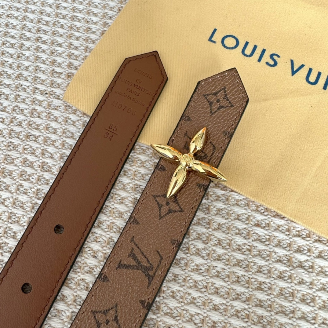 LV FLOWERGRAM 25 MM REVERSIBLE BELT IN BROWN MONOGRAM CALFSKIN GOLD HARDWARE - 30