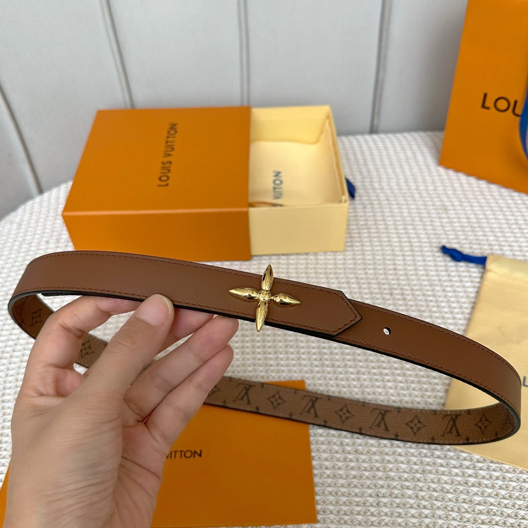 LV FLOWERGRAM 25 MM REVERSIBLE BELT IN BROWN MONOGRAM CALFSKIN GOLD HARDWARE - 30
