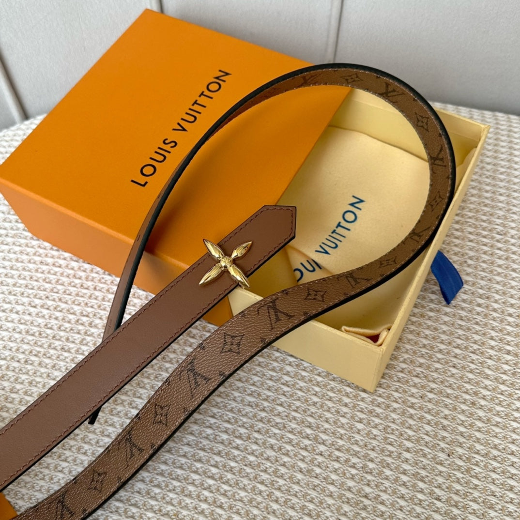 LV FLOWERGRAM 25 MM REVERSIBLE BELT IN BROWN MONOGRAM CALFSKIN GOLD HARDWARE - 30