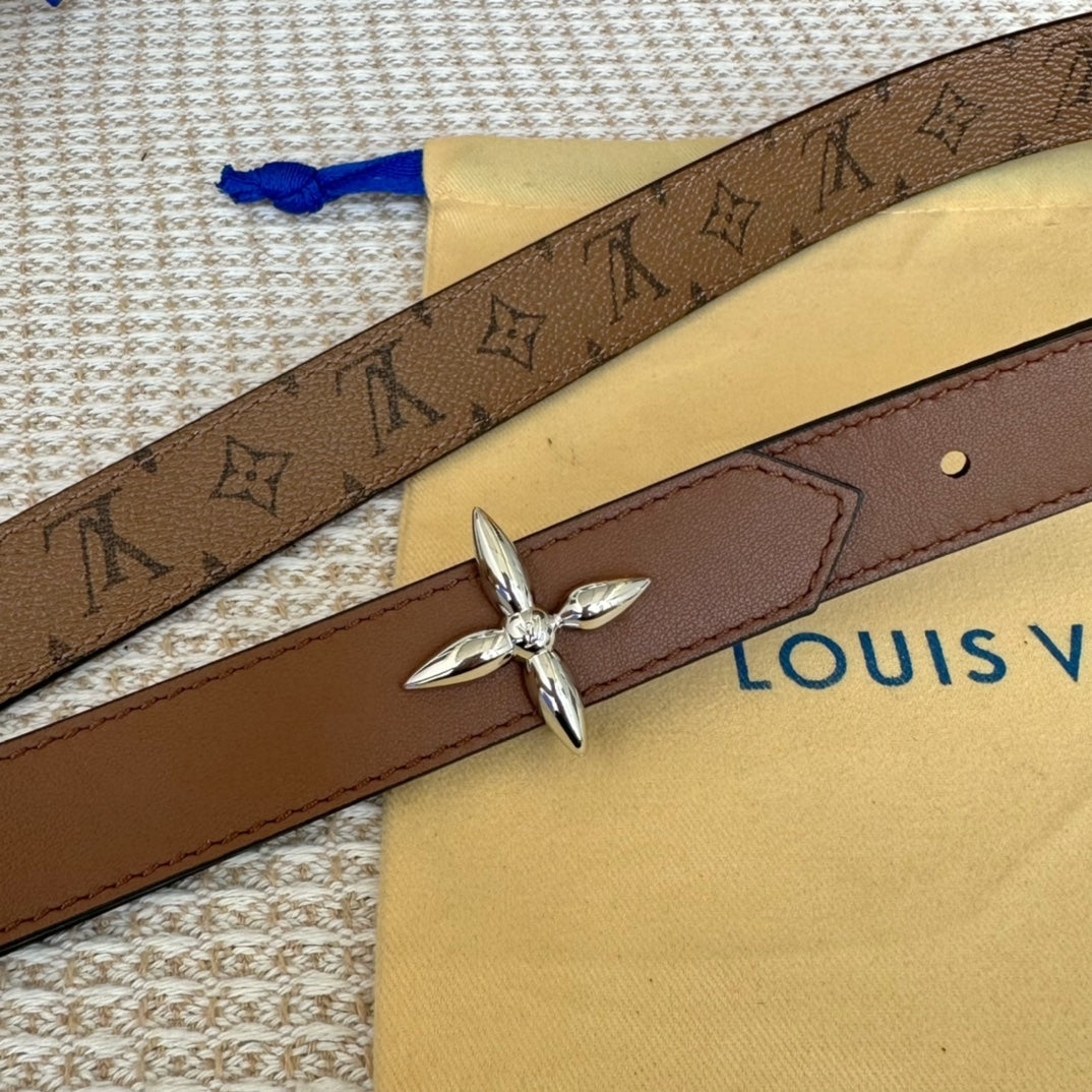 LV FLOWERGRAM 25 MM REVERSIBLE BELT IN BROWN MONOGRAM CALFSKIN SILVER HARDWARE - 30