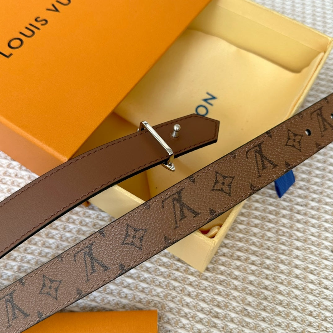 LV FLOWERGRAM 25 MM REVERSIBLE BELT IN BROWN MONOGRAM CALFSKIN SILVER HARDWARE - 30