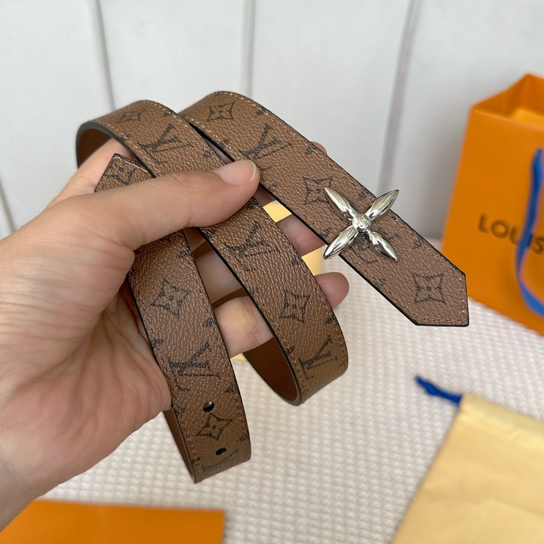 LV FLOWERGRAM 25 MM REVERSIBLE BELT IN BROWN MONOGRAM CALFSKIN SILVER HARDWARE - 30