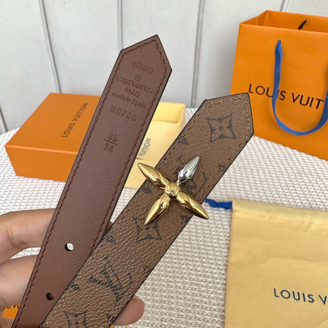 LV FLOWERGRAM 25 MM REVERSIBLE BELT IN BROWN MONOGRAM CALFSKIN GOLD MIX SILVER HARDWARE - 30