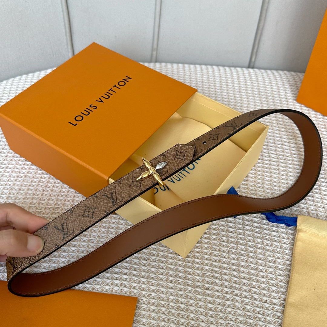 LV FLOWERGRAM 25 MM REVERSIBLE BELT IN BROWN MONOGRAM CALFSKIN GOLD MIX SILVER HARDWARE - 30
