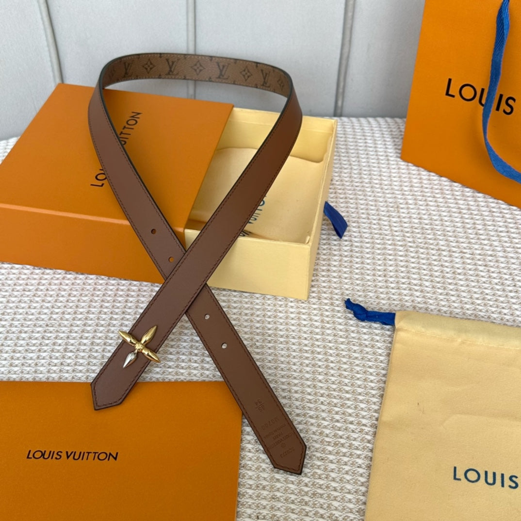 LV FLOWERGRAM 25 MM REVERSIBLE BELT IN BROWN MONOGRAM CALFSKIN GOLD MIX SILVER HARDWARE - 30