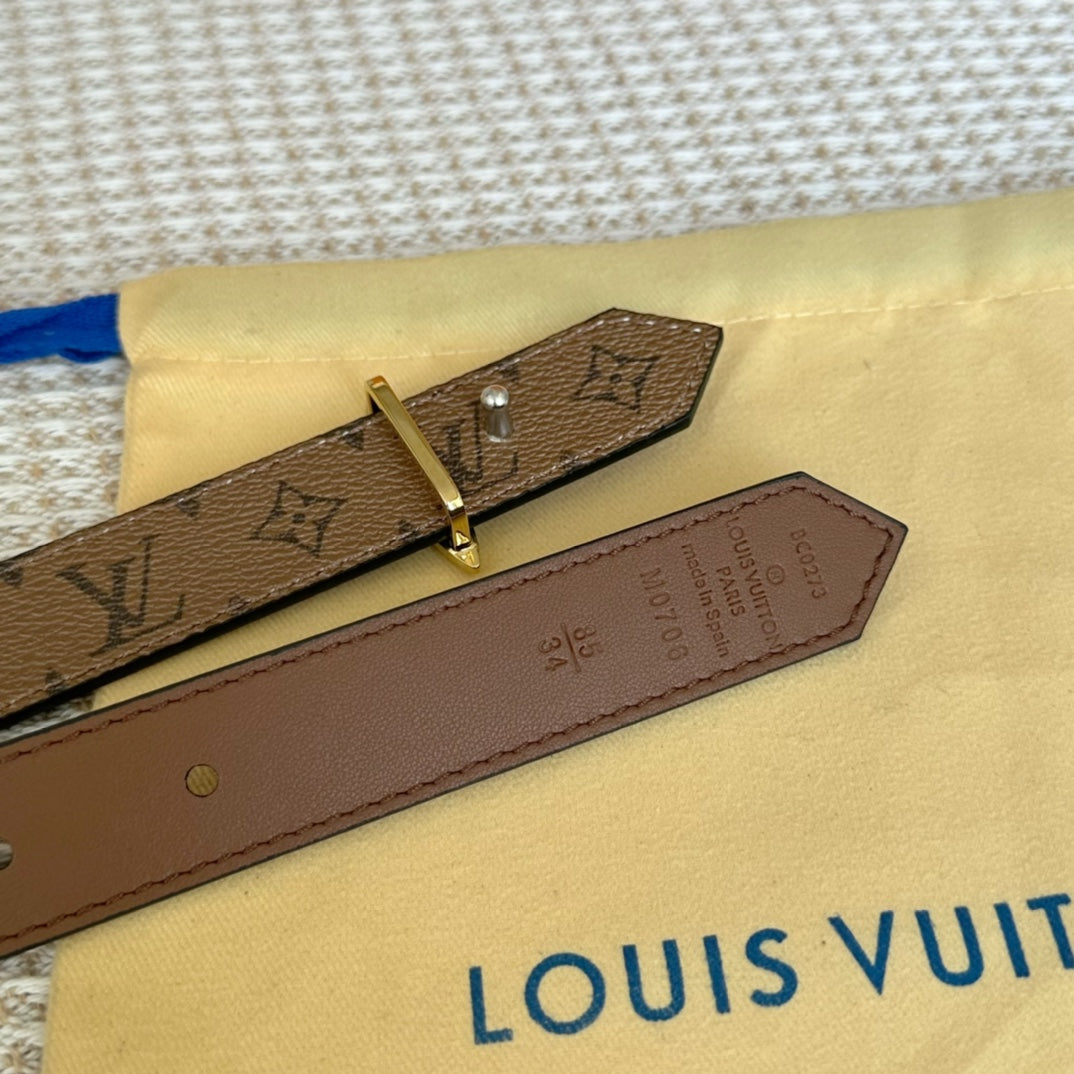 LV FLOWERGRAM 25 MM REVERSIBLE BELT IN BROWN MONOGRAM CALFSKIN GOLD MIX SILVER HARDWARE - 30
