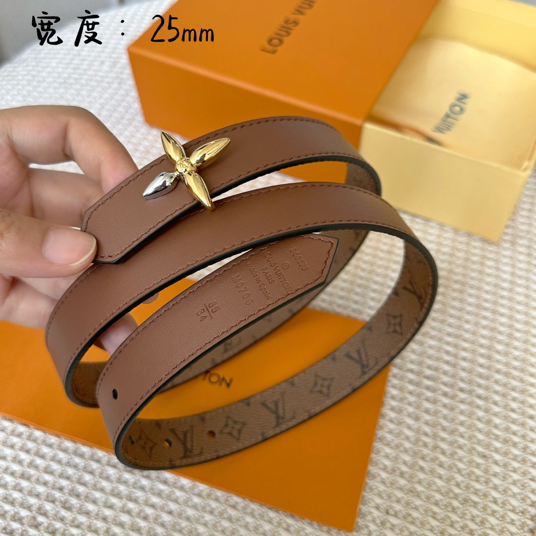 LV FLOWERGRAM 25 MM REVERSIBLE BELT IN BROWN MONOGRAM CALFSKIN GOLD MIX SILVER HARDWARE - 30
