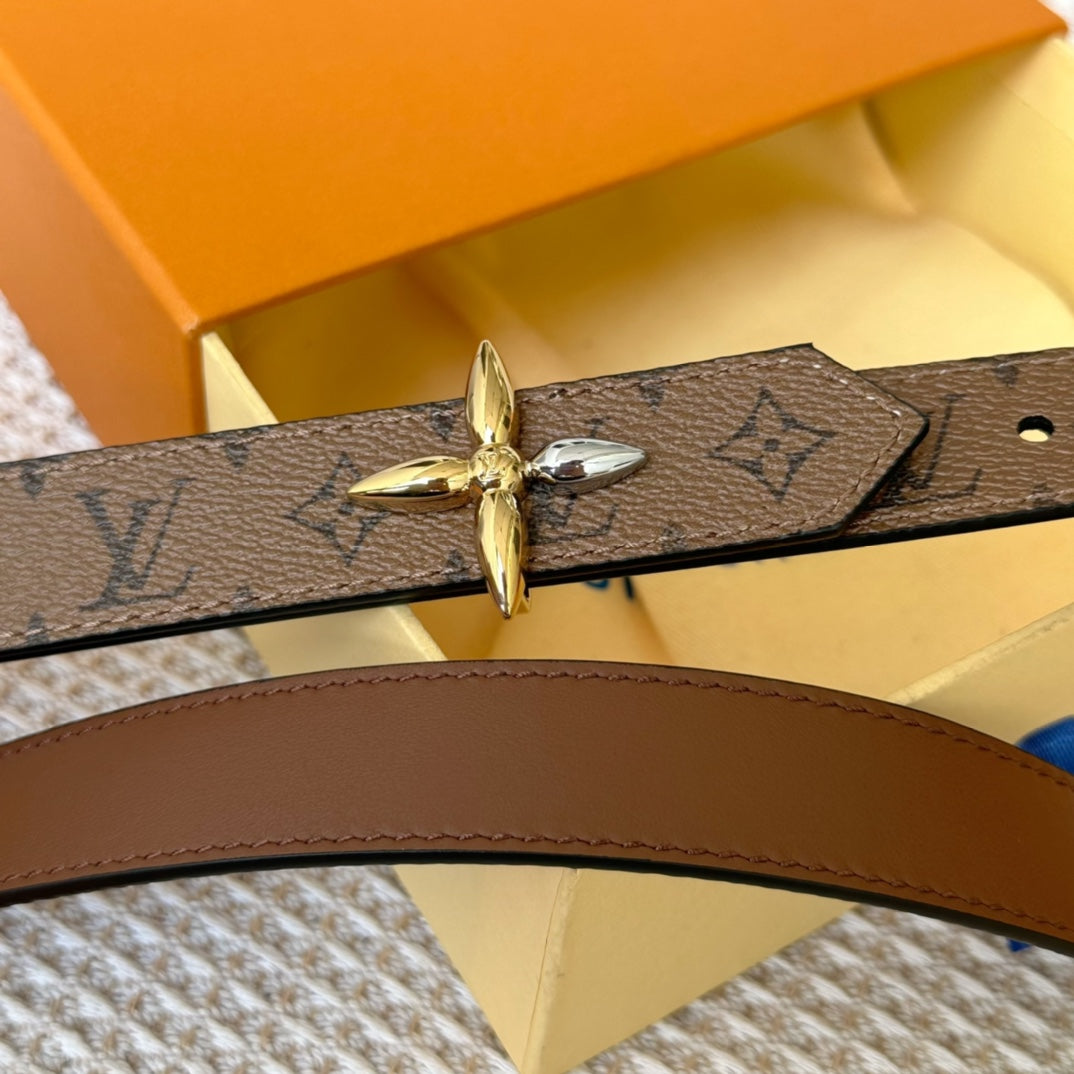 LV FLOWERGRAM 25 MM REVERSIBLE BELT IN BROWN MONOGRAM CALFSKIN GOLD MIX SILVER HARDWARE - 30