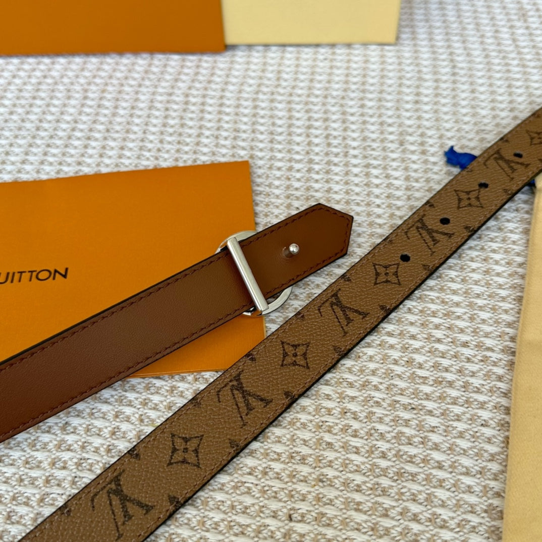 LV CIRCLE 25MM REVERSIBLE BELT MEDIUM BROWN MONOGRAM CALFSKIN SILVER HARDWARE - 30