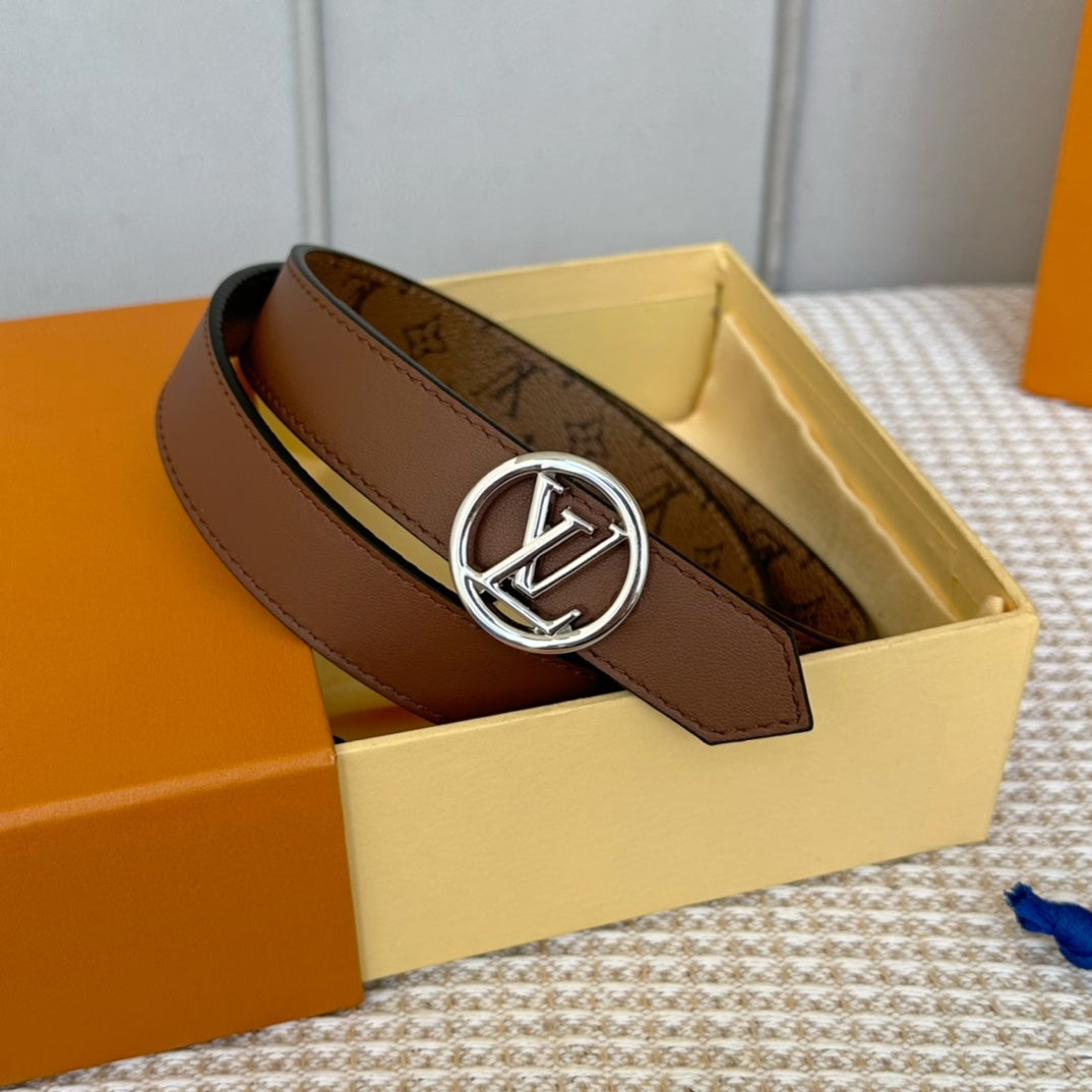 LV CIRCLE 25MM REVERSIBLE BELT MEDIUM BROWN MONOGRAM CALFSKIN SILVER HARDWARE - 30