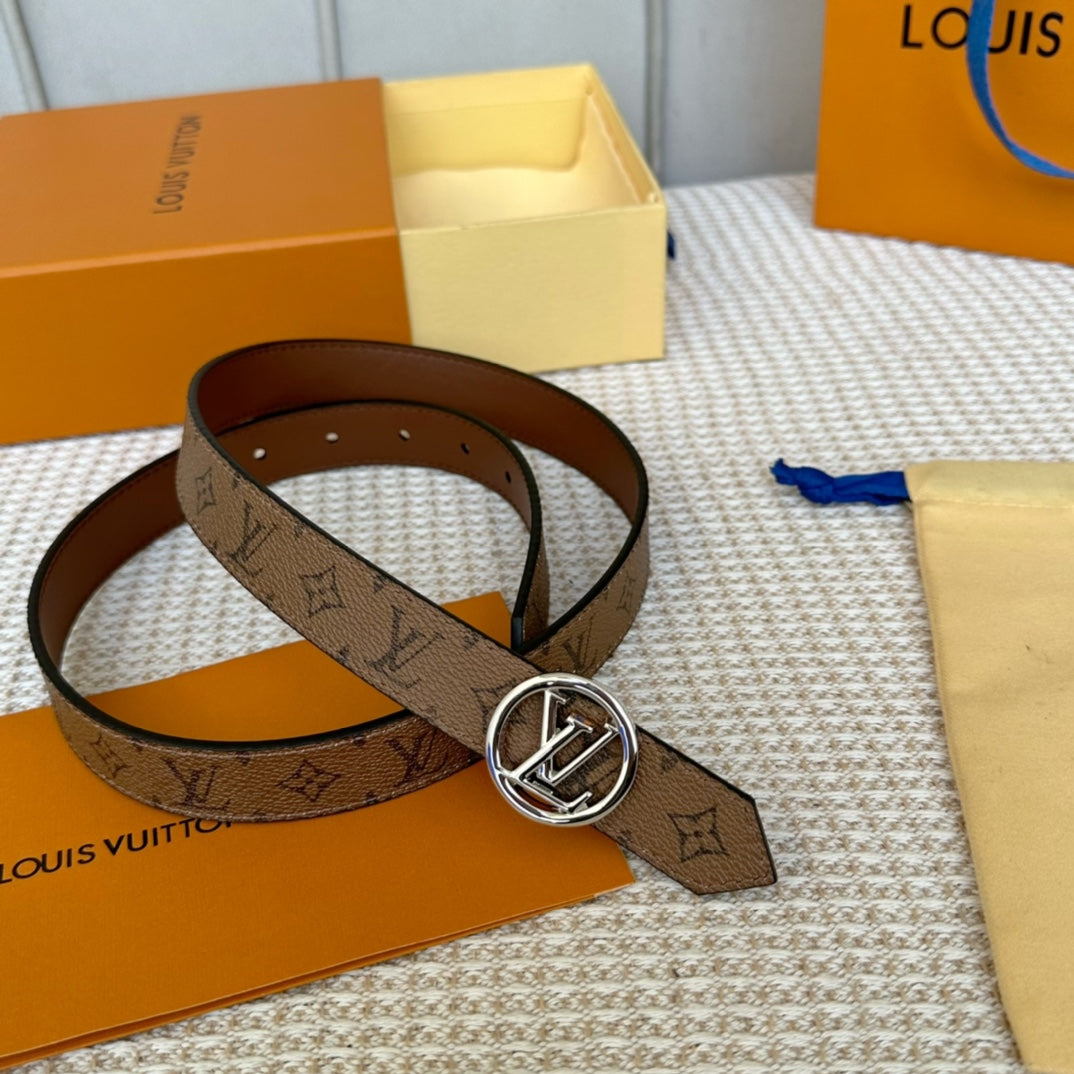 LV CIRCLE 25MM REVERSIBLE BELT MEDIUM BROWN MONOGRAM CALFSKIN SILVER HARDWARE - 30