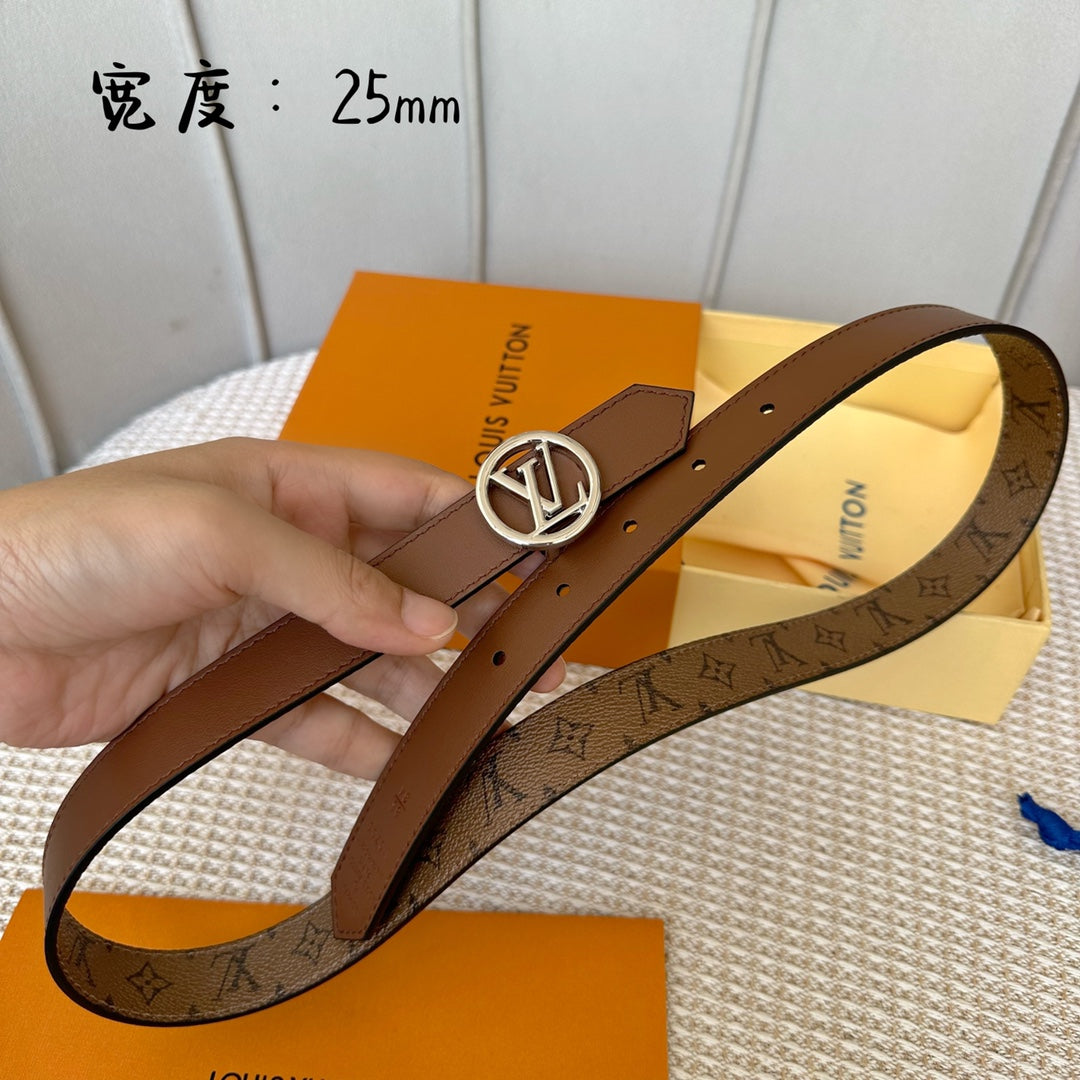 LV CIRCLE 25MM REVERSIBLE BELT MEDIUM BROWN MONOGRAM CALFSKIN SILVER HARDWARE - 30