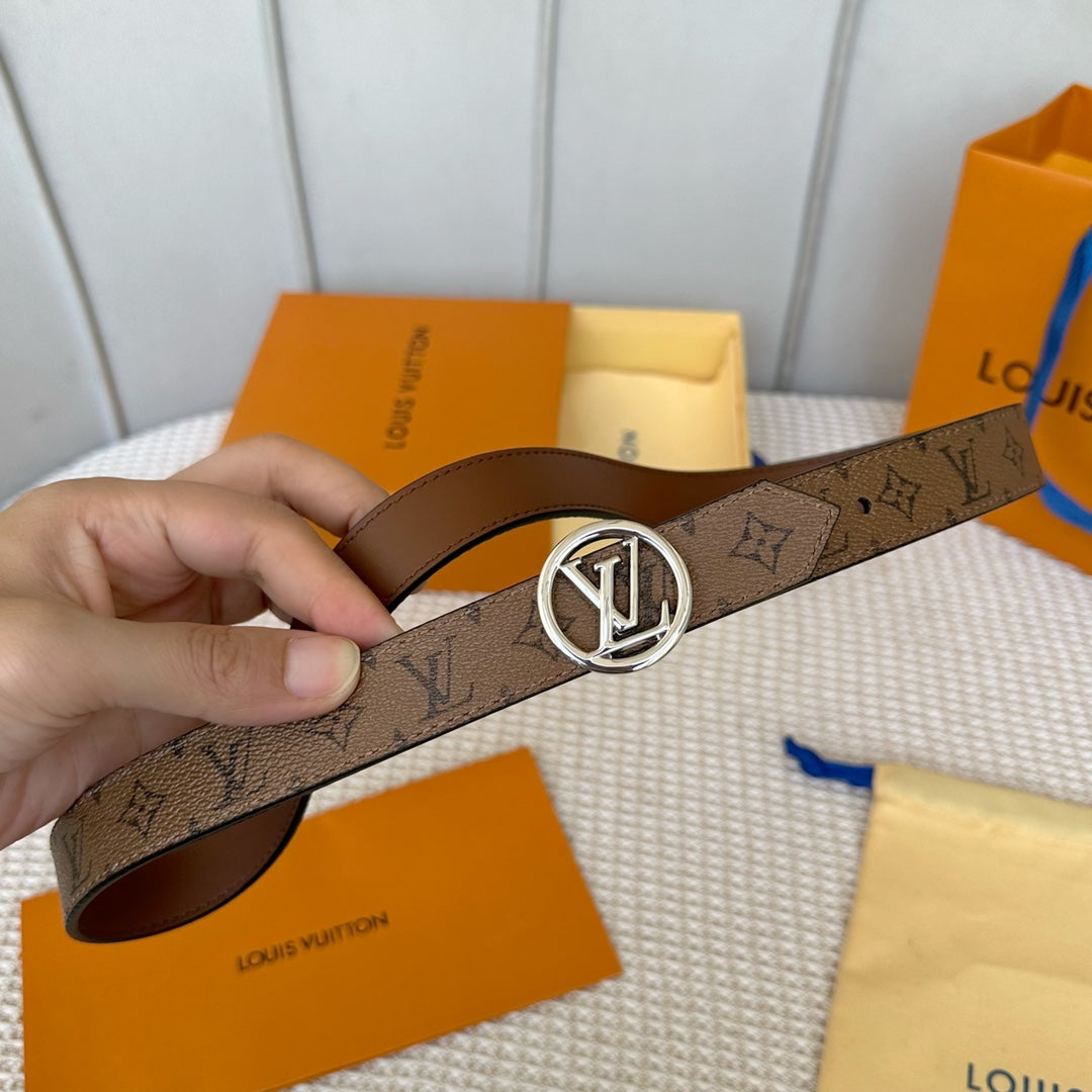 LV CIRCLE 25MM REVERSIBLE BELT MEDIUM BROWN MONOGRAM CALFSKIN SILVER HARDWARE - 30
