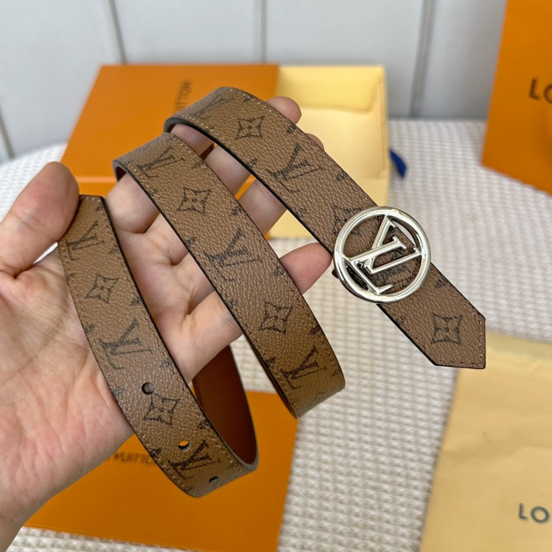 LV CIRCLE 25MM REVERSIBLE BELT MEDIUM BROWN MONOGRAM CALFSKIN SILVER HARDWARE - 30