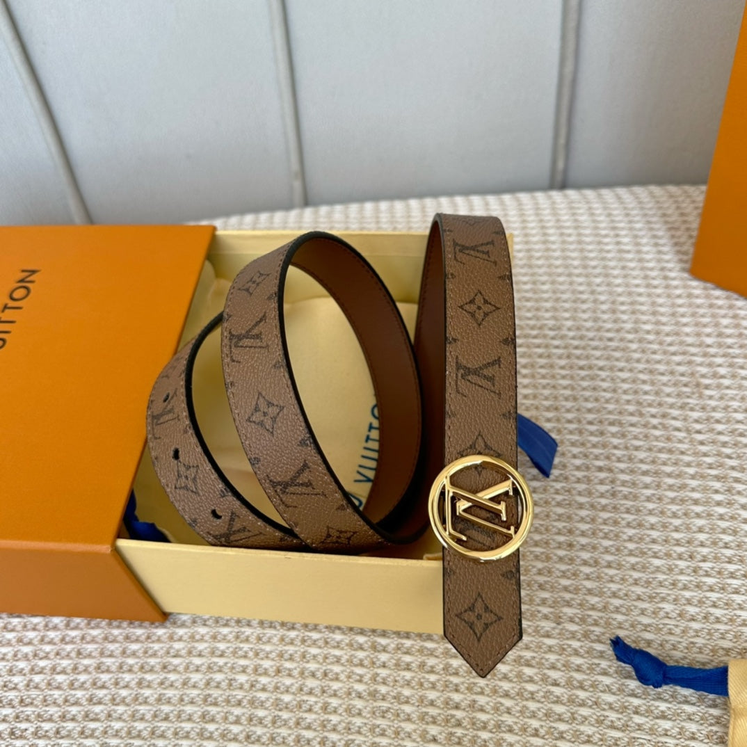LV CIRCLE 25MM REVERSIBLE BELT MEDIUM BROWN MONOGRAM CALFSKIN GOLD HARDWARE - 30