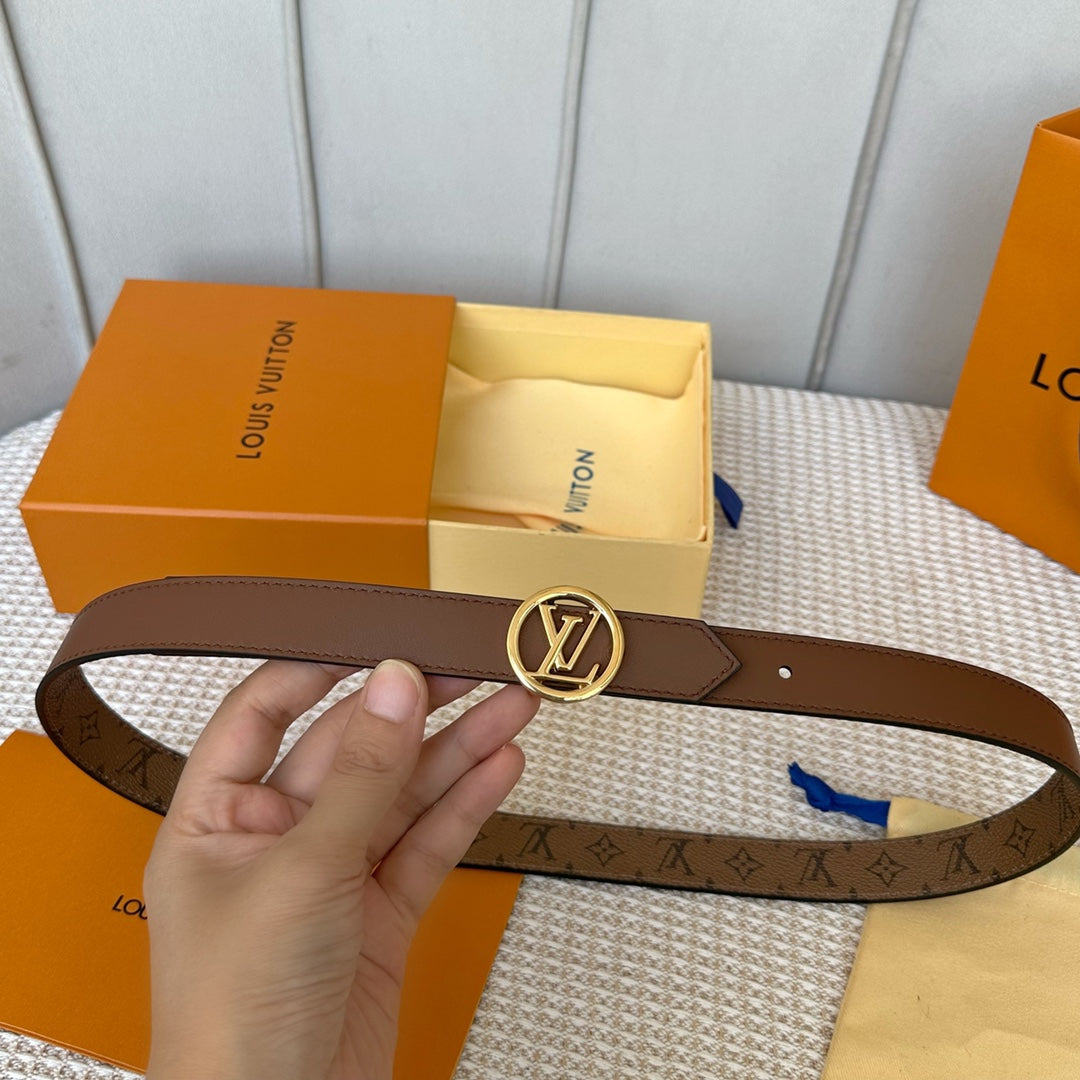 LV CIRCLE 25MM REVERSIBLE BELT MEDIUM BROWN MONOGRAM CALFSKIN GOLD HARDWARE - 30