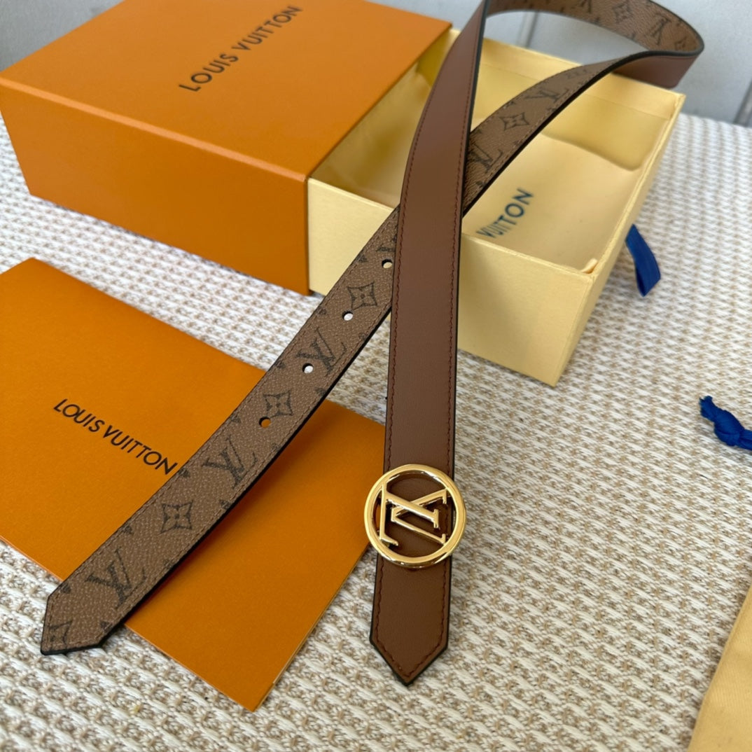 LV CIRCLE 25MM REVERSIBLE BELT MEDIUM BROWN MONOGRAM CALFSKIN GOLD HARDWARE - 30
