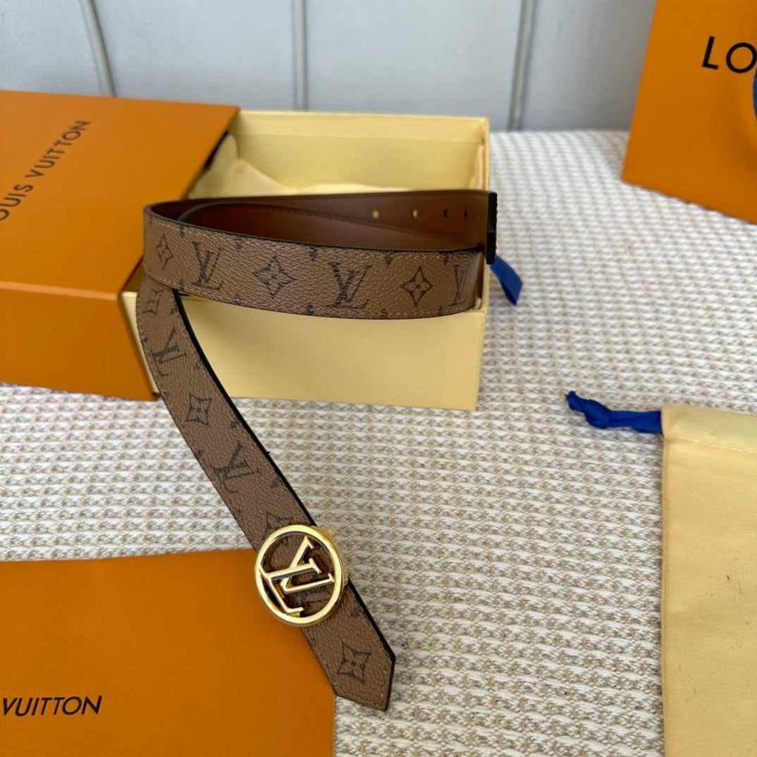 LV CIRCLE 25MM REVERSIBLE BELT MEDIUM BROWN MONOGRAM CALFSKIN GOLD HARDWARE - 30