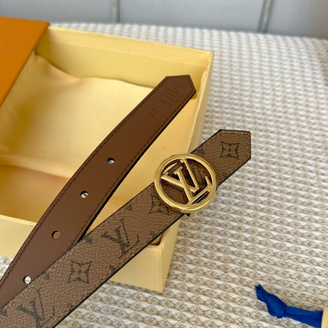 LV CIRCLE 25MM REVERSIBLE BELT MEDIUM BROWN MONOGRAM CALFSKIN GOLD HARDWARE - 30