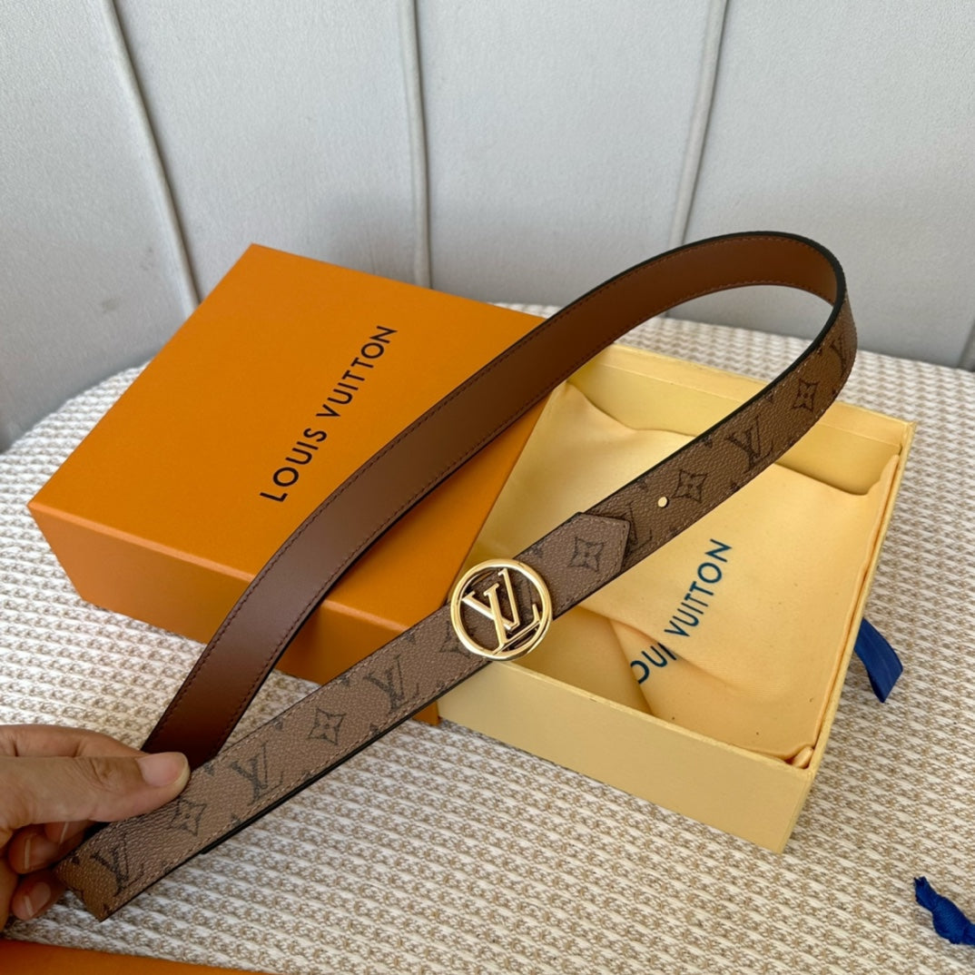 LV CIRCLE 25MM REVERSIBLE BELT MEDIUM BROWN MONOGRAM CALFSKIN GOLD HARDWARE - 30