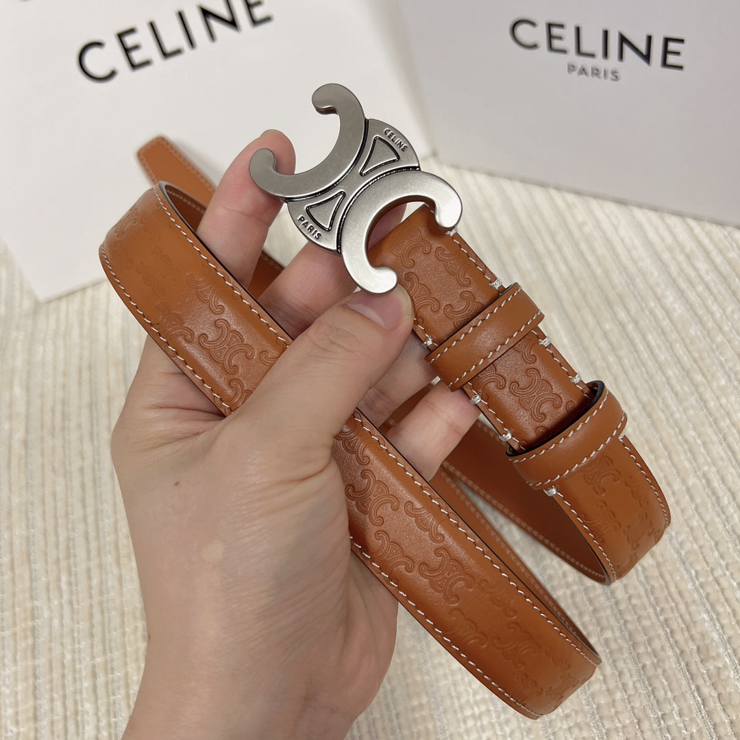 Medium Triomphe Belt 25mm Tan Calfskin White Line Finishing Silver Finishing - 30