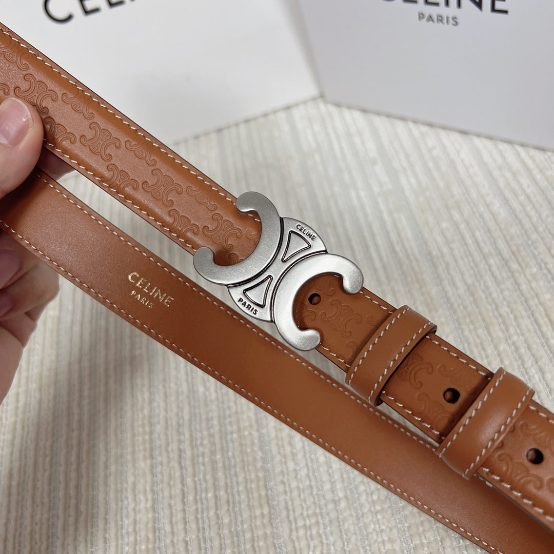 Medium Triomphe Belt 25mm Tan Calfskin White Line Finishing Silver Finishing - 30