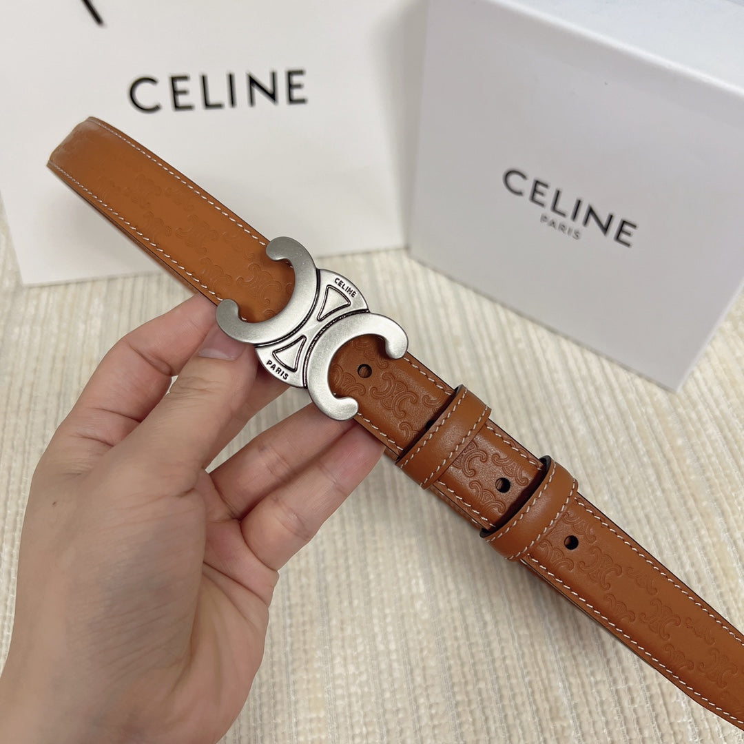 Medium Triomphe Belt 25mm Tan Calfskin White Line Finishing Silver Finishing - 30