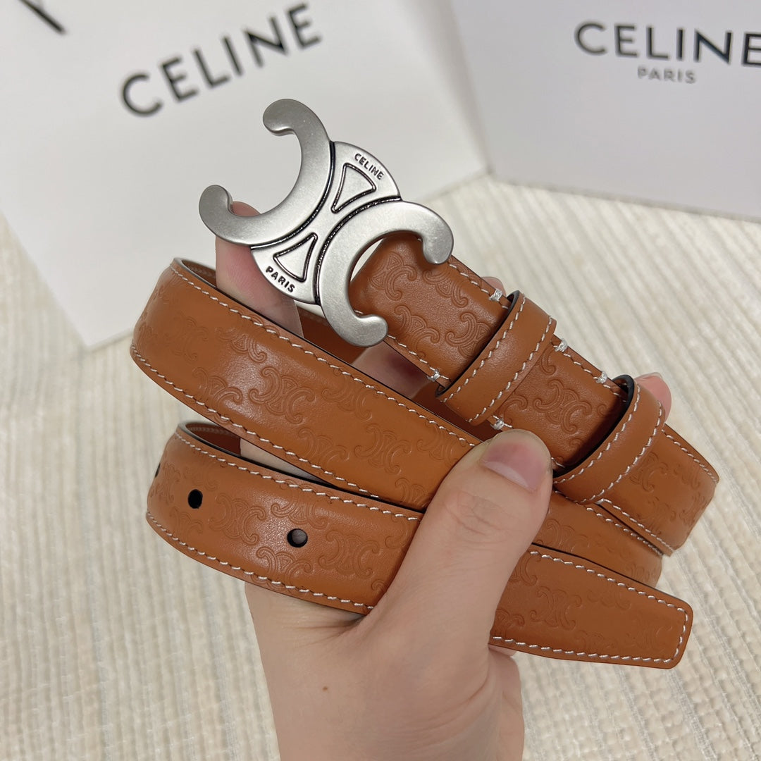 Medium Triomphe Belt 25mm Tan Calfskin White Line Finishing Silver Finishing - 30