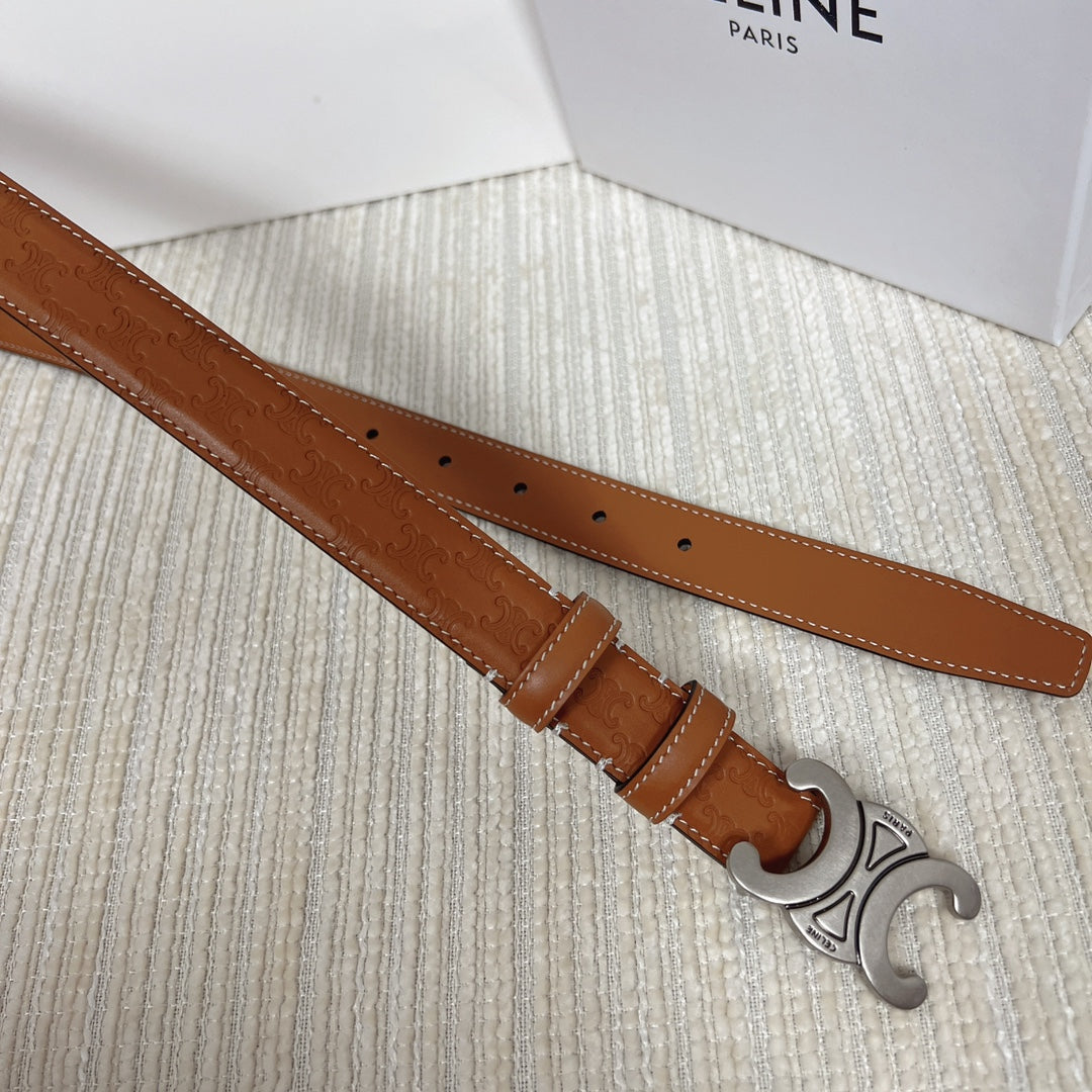 Medium Triomphe Belt 25mm Tan Calfskin White Line Finishing Silver Finishing - 30