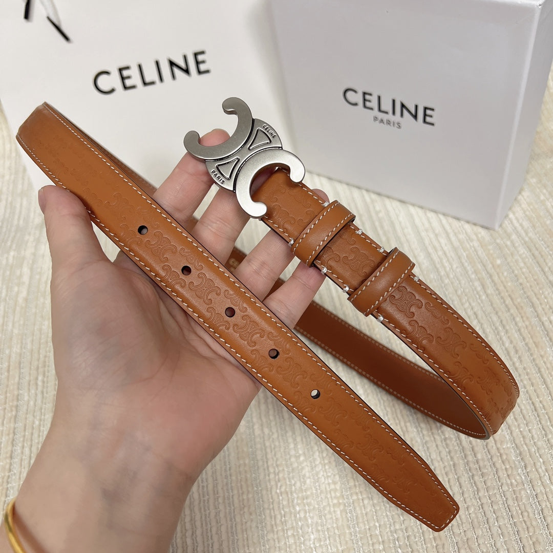 Medium Triomphe Belt 25mm Tan Calfskin White Line Finishing Silver Finishing - 30