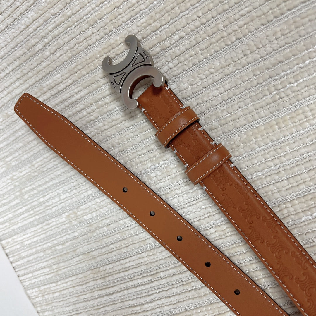 Medium Triomphe Belt 25mm Tan Calfskin White Line Finishing Silver Finishing - 30
