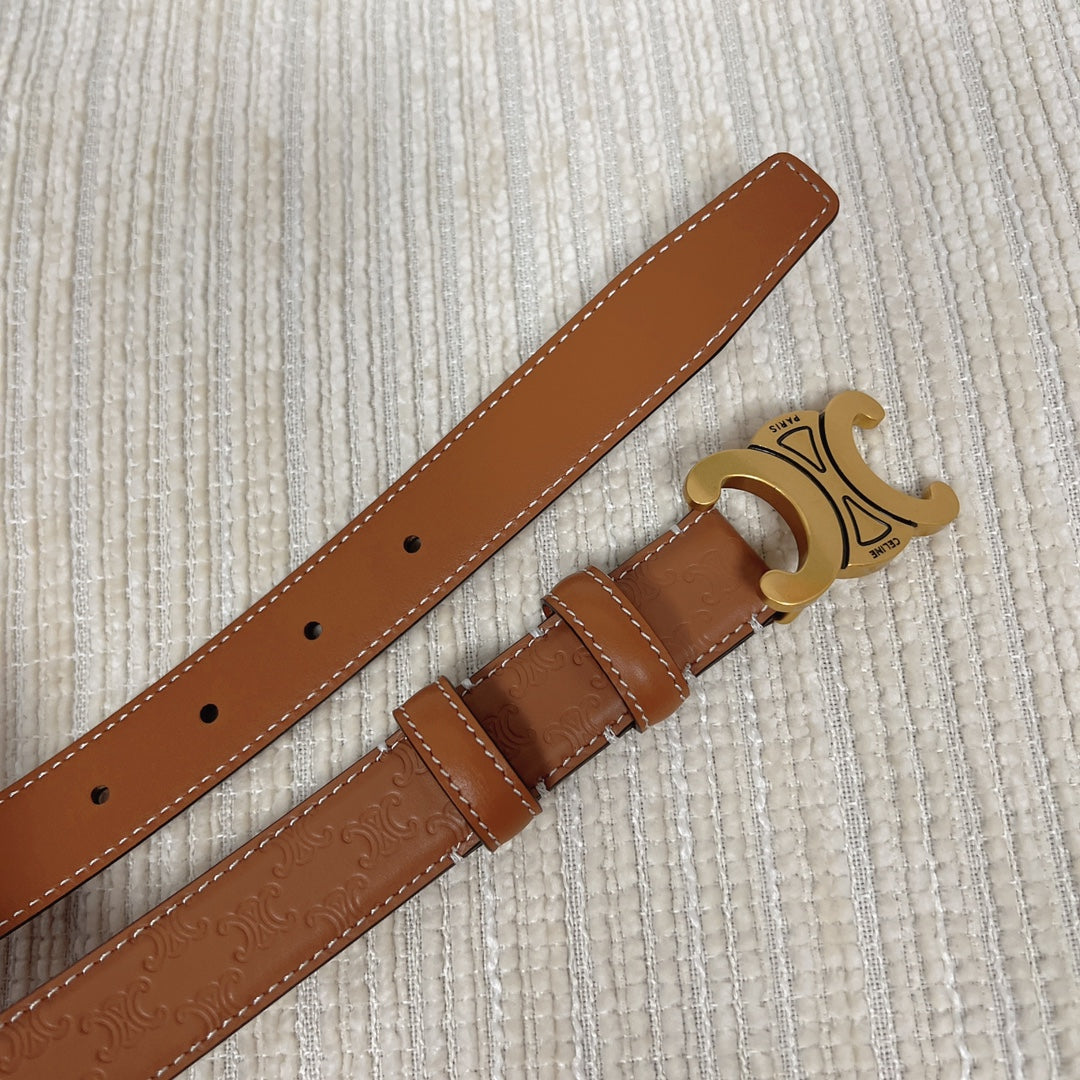 Medium Triomphe Belt 25mm Tan Calfskin White Line Finishing Gold Finishing - 30