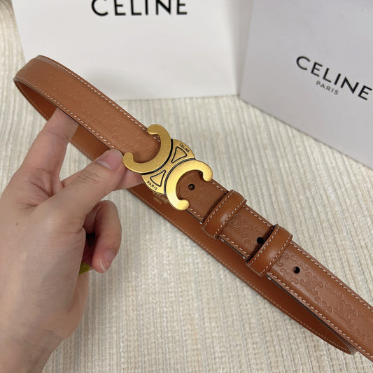 Medium Triomphe Belt 25mm Tan Calfskin White Line Finishing Gold Finishing - 30