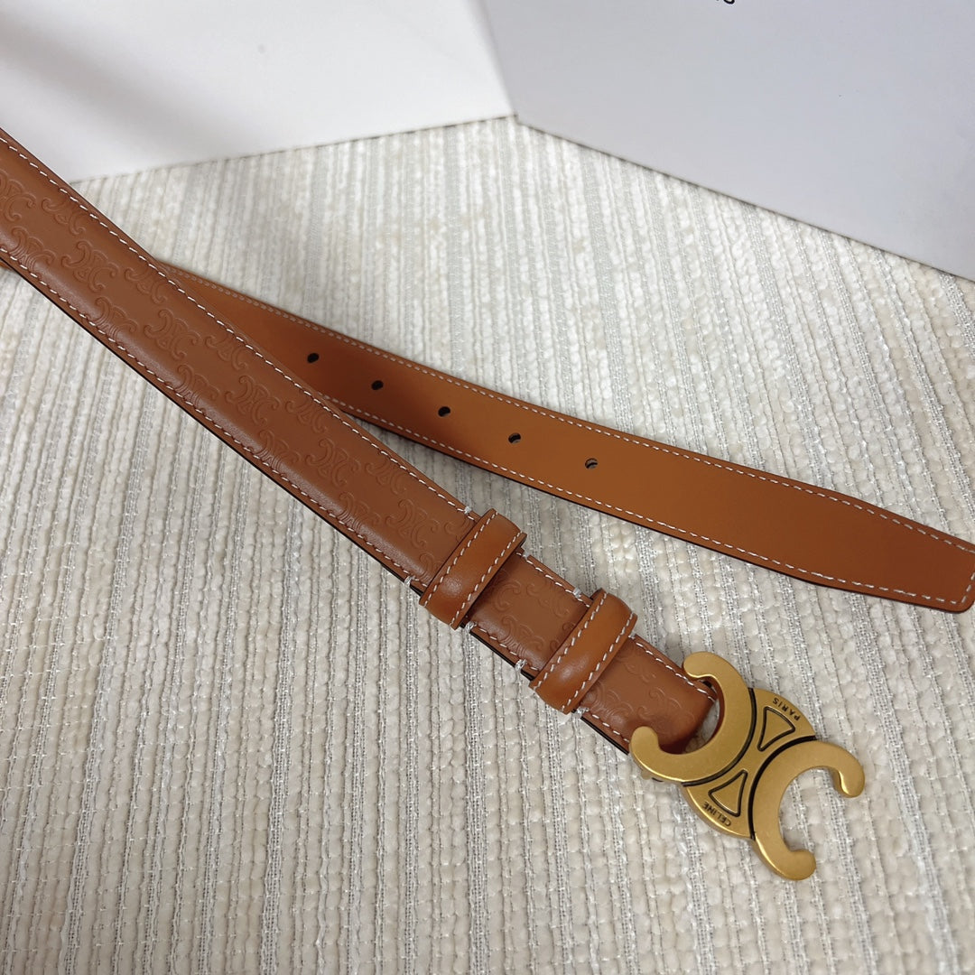 Medium Triomphe Belt 25mm Tan Calfskin White Line Finishing Gold Finishing - 30