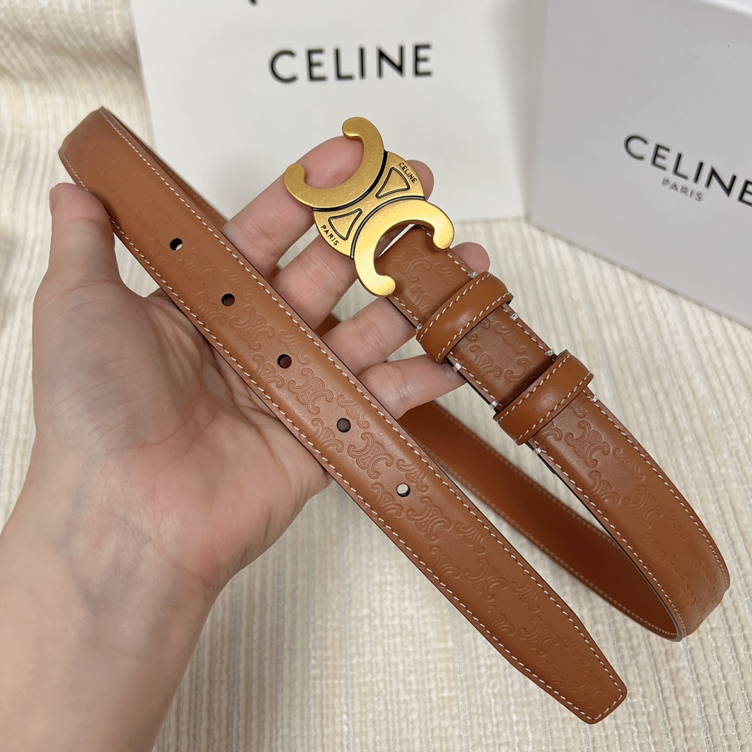 Medium Triomphe Belt 25mm Tan Calfskin White Line Finishing Gold Finishing - 30
