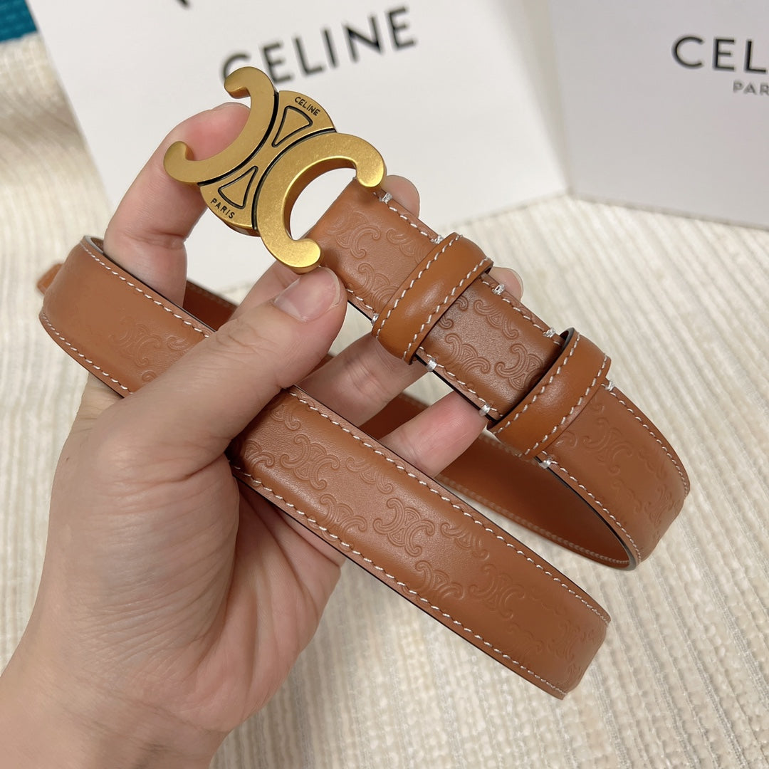 Medium Triomphe Belt 25mm Tan Calfskin White Line Finishing Gold Finishing - 30