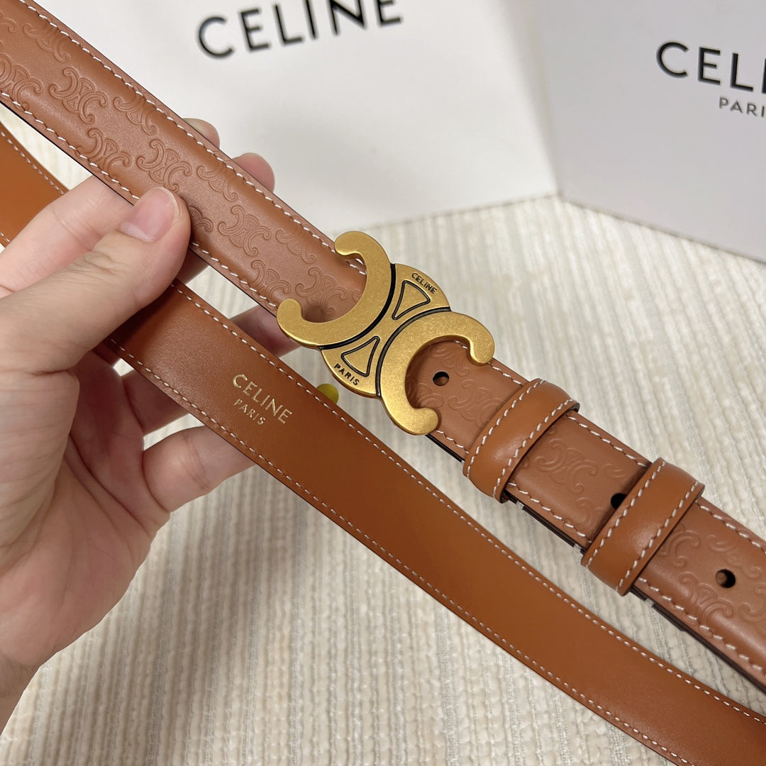 Medium Triomphe Belt 25mm Tan Calfskin White Line Finishing Gold Finishing - 30