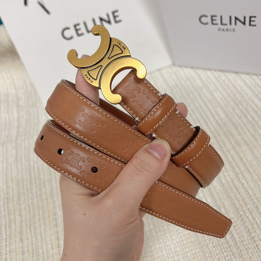 Medium Triomphe Belt 25mm Tan Calfskin White Line Finishing Gold Finishing - 30
