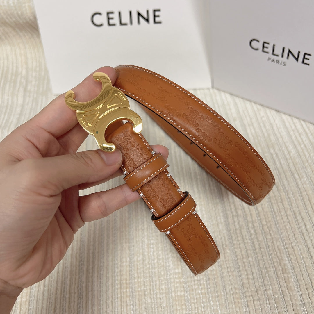 Medium Triomphe Belt 25mm Tan Calfskin with Triomphe Embossed Ghw - 30
