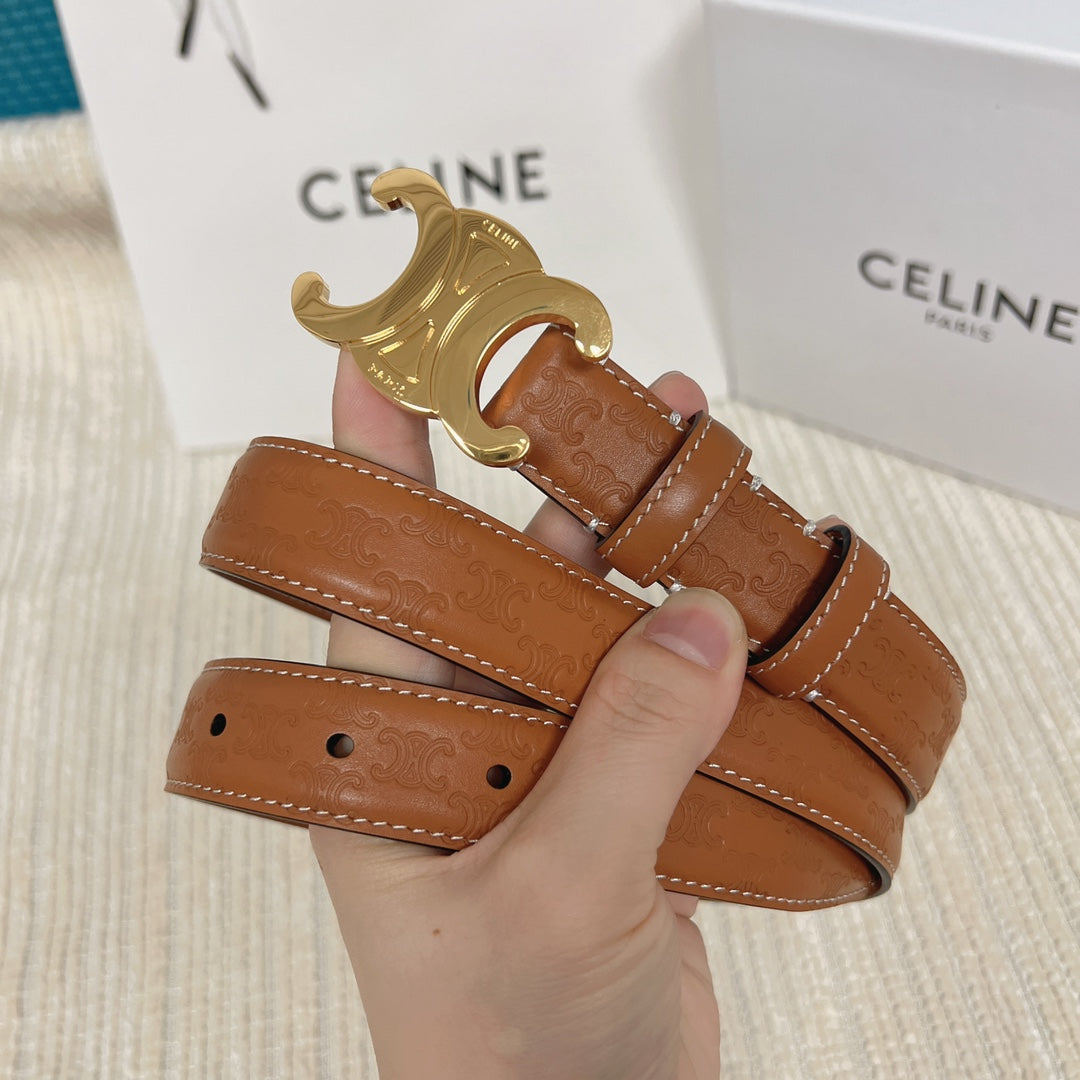 Medium Triomphe Belt 25mm Tan Calfskin with Triomphe Embossed Ghw - 30